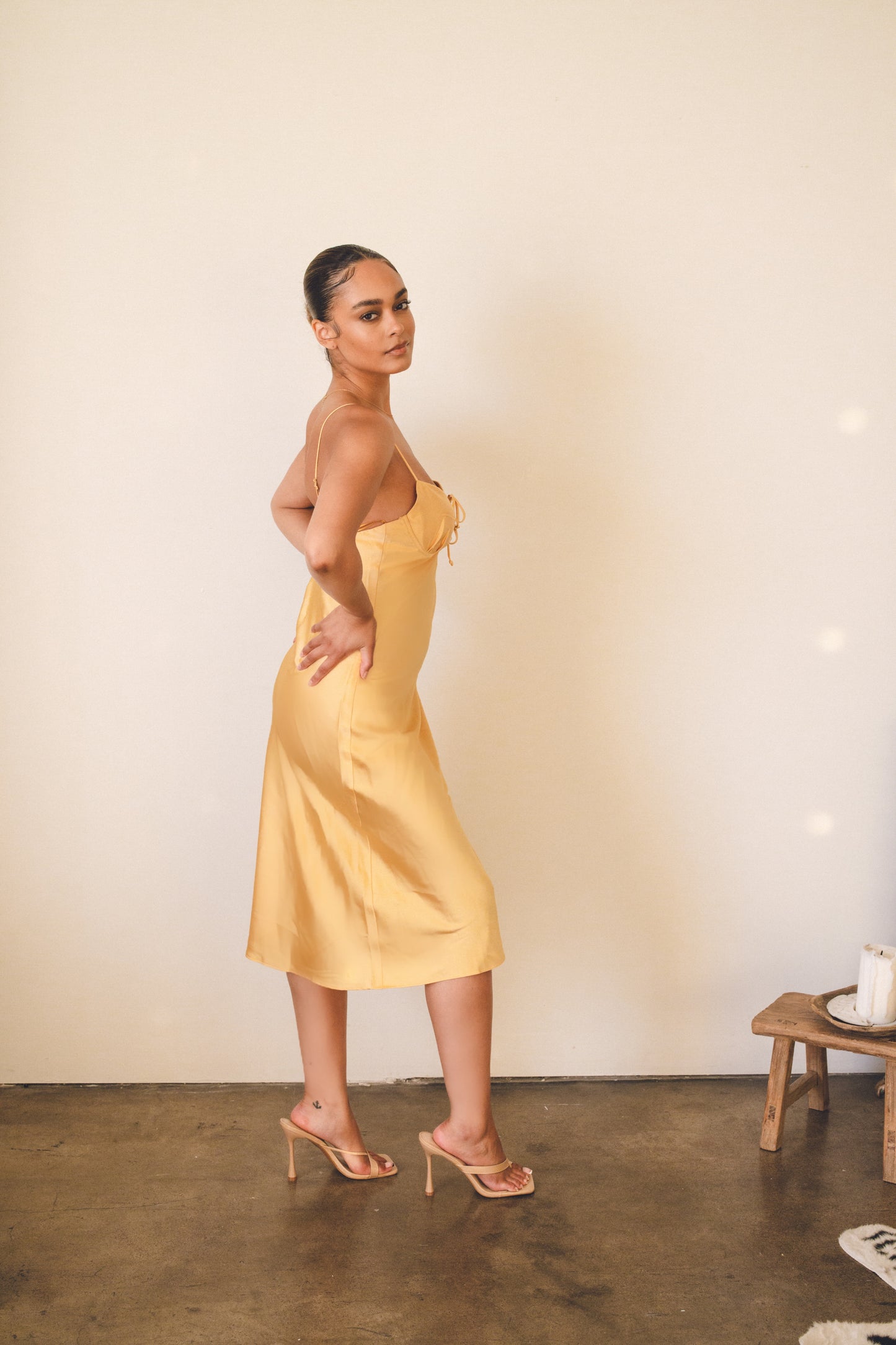 Stella Satin Midi Dress- Yellow Slip Dress (Adjustable Straps)