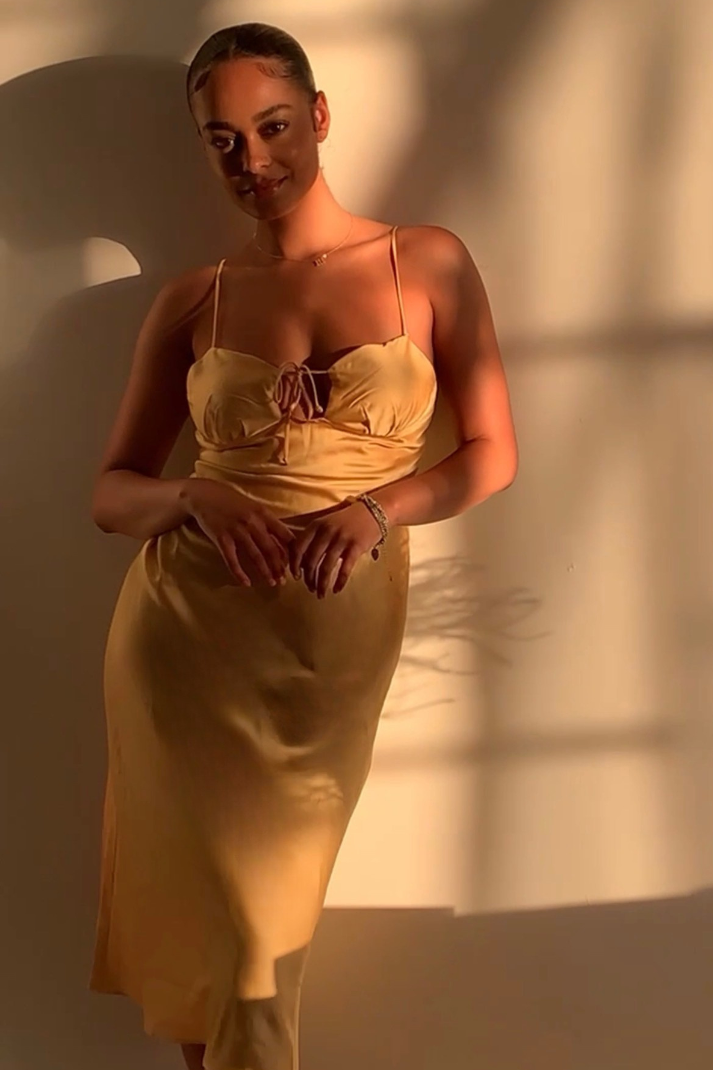 Stella Satin Midi Dress- Yellow Slip Dress (Adjustable Straps)