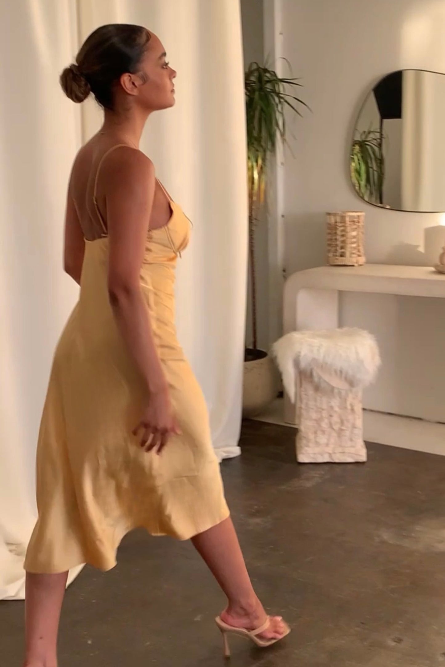 Stella Satin Midi Dress- Yellow Slip Dress (Adjustable Straps)